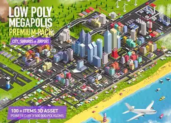 C4D低多边形城市楼房模型城市建筑汽车工厂楼房别墅MegapolisCity