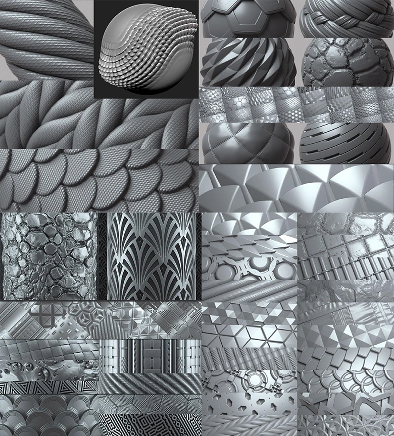 适配ZBrush、Blender、C4D等主流三维软件的高精度3D可拼接置换Alpha贴图素材包含完整使用教程下载255 Tileable Displacement-Alpha Patterns (P