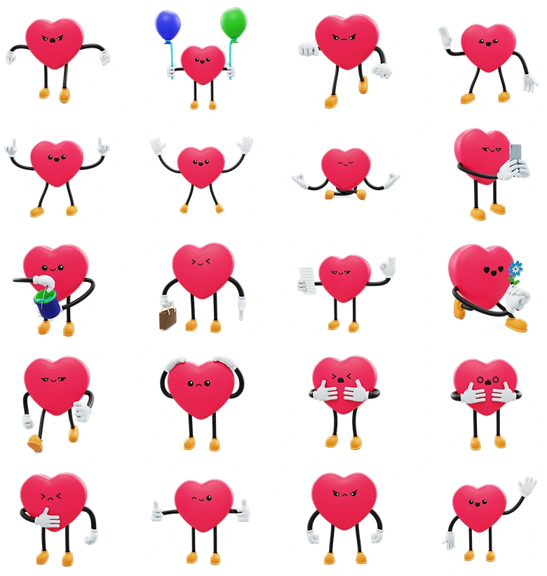 二十个适用于动画短片互动产品APP界面的多姿态卡通红心3D表情模型支持自定义修改与多场景应用Heart - Social Media Emoji Character