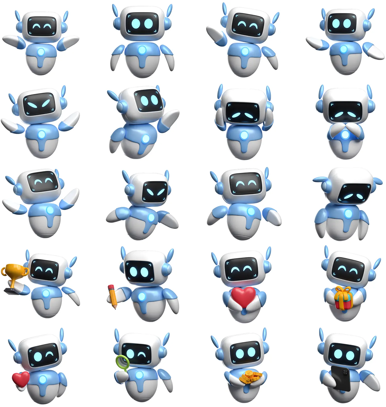20个互动表情机器人模型库：丰富多变姿态与情感展现高品质素材Robot Activity 3D Illustrations - 3D Icon Set