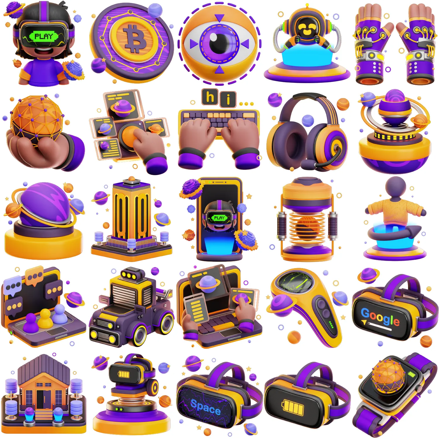 25个适用App网页及PPT的元宇宙智能科技卡通产品3D模型，支持Blender、C4D与OBJ多格式Meta-universe 3D icon model